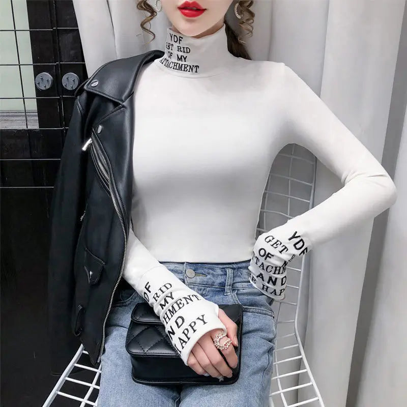 T-shirt à manches longues et col roulé en coton pour femmes