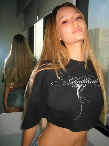 T-Shirt Court Noir Femme – Imprimé Hummingbird