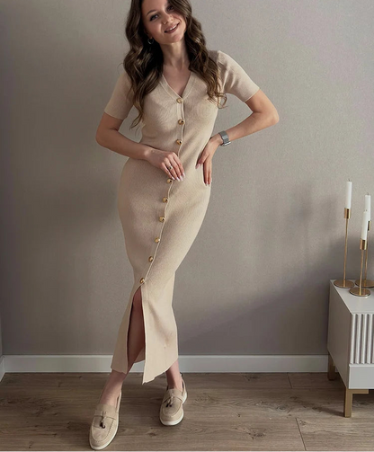 Robe Longue d’Été Femme – Maille, Col V et Boutons