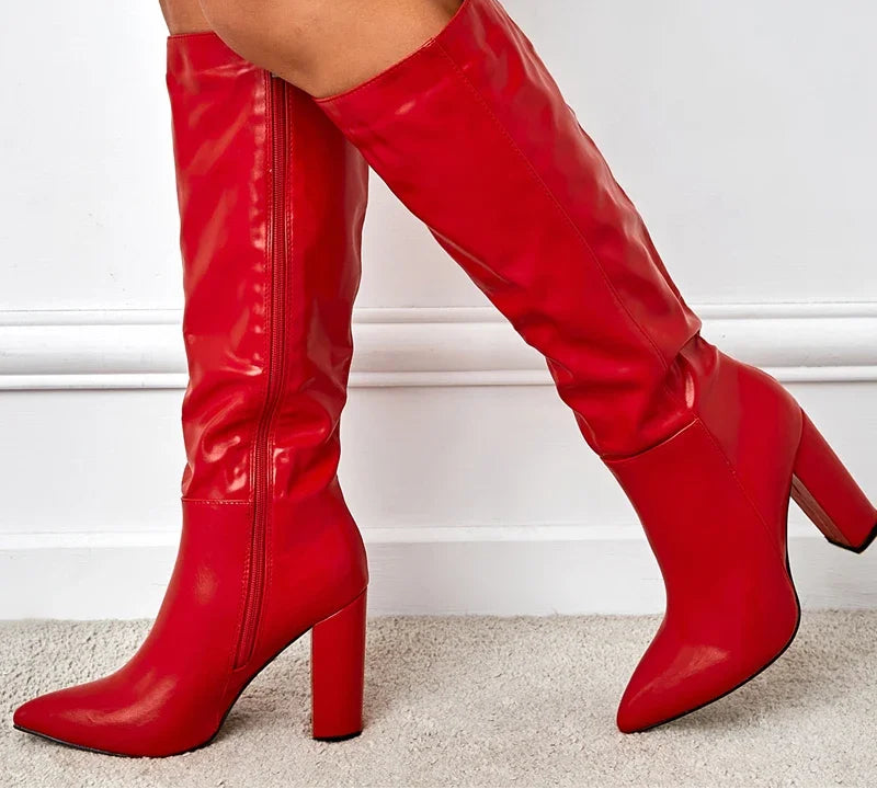 Botte en cuir verni pointu talons fins fermeture éclair pour femmes