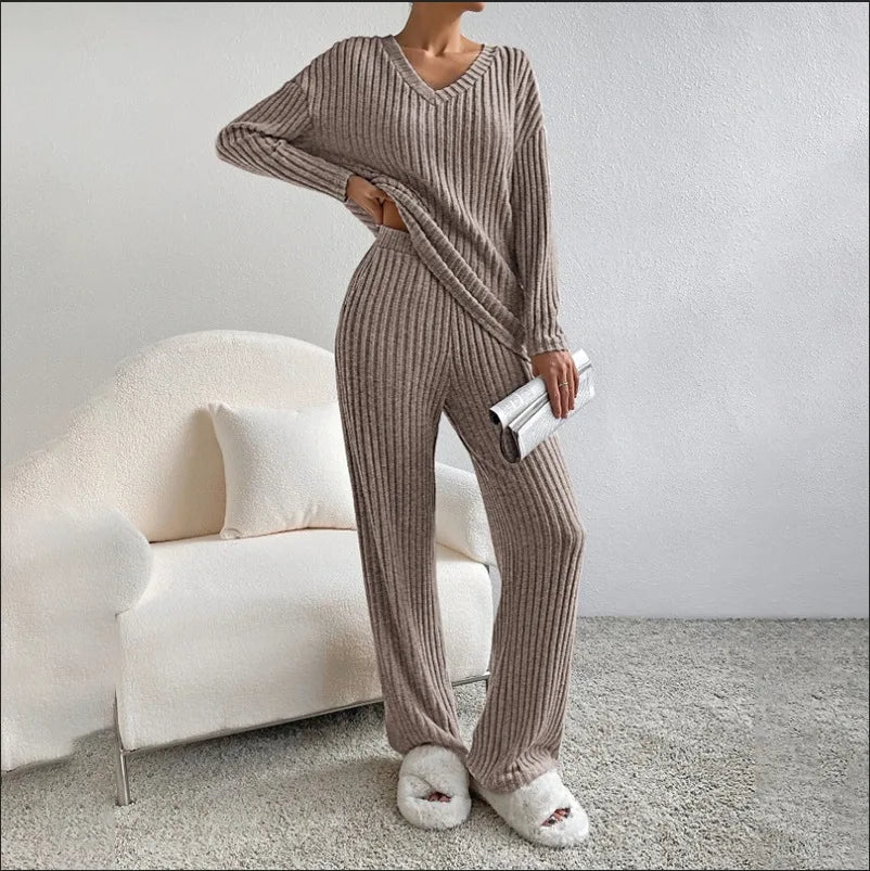 Ensembles 2 pièces pantalons décontractés à jambe droite + hauts élégants en maille à rayures  pour femmes