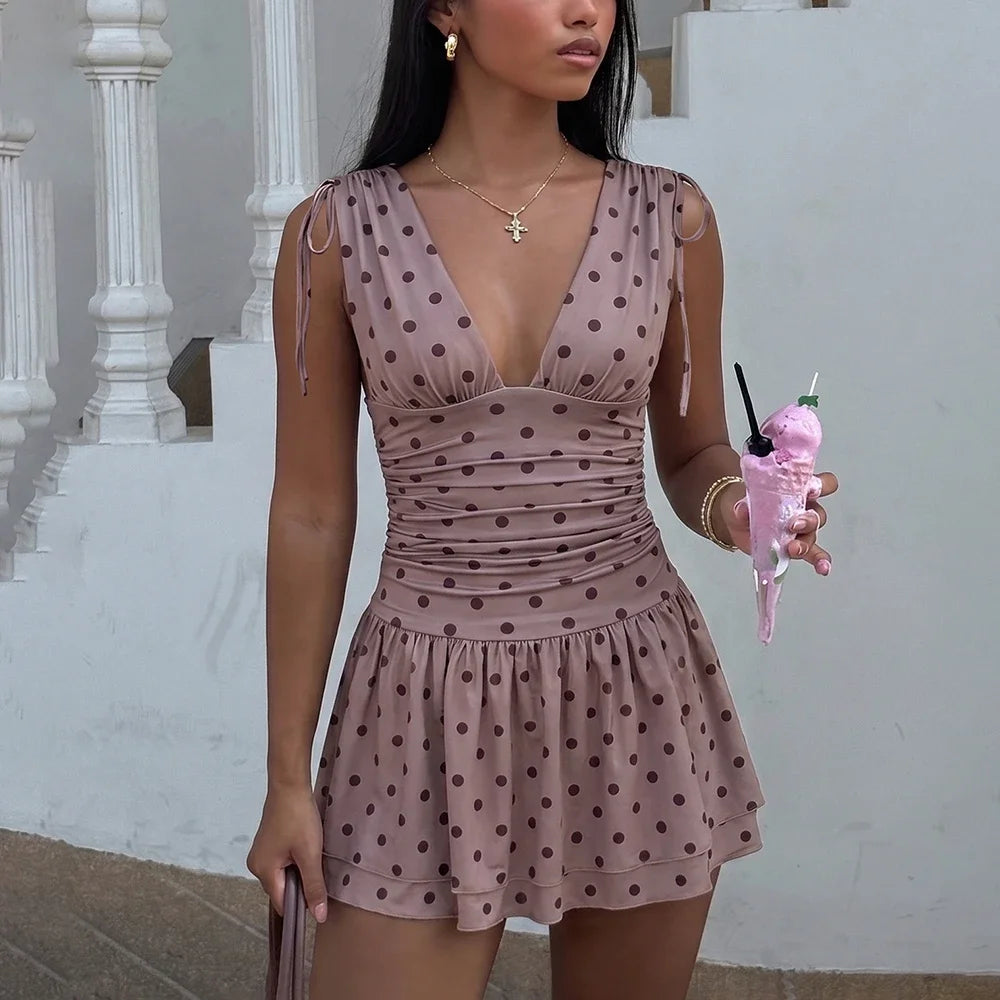 Robe vintage à col en V, à pois, en dentelle, froncée pour femmes