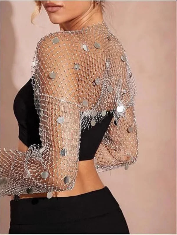 Haut Résille Femme – Strass et Boléro à Manches Longues