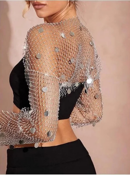 Haut Résille Femme – Strass et Boléro à Manches Longues