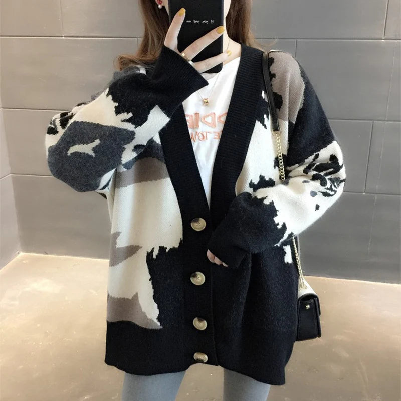 Cardigan tricoté imprimé couleur bloquée pour femmes
