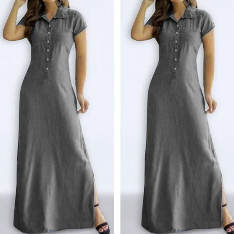 Robe longue en jean décontractée à col de chemise pour femmes