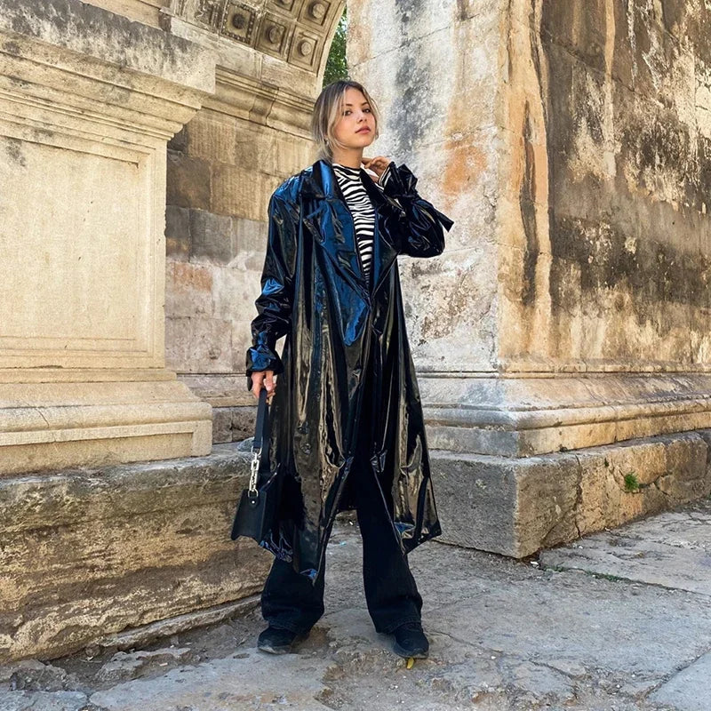 Trench Long Verni avec Ceinture à Nouer