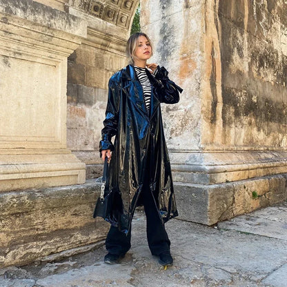 Trench Long Verni avec Ceinture à Nouer