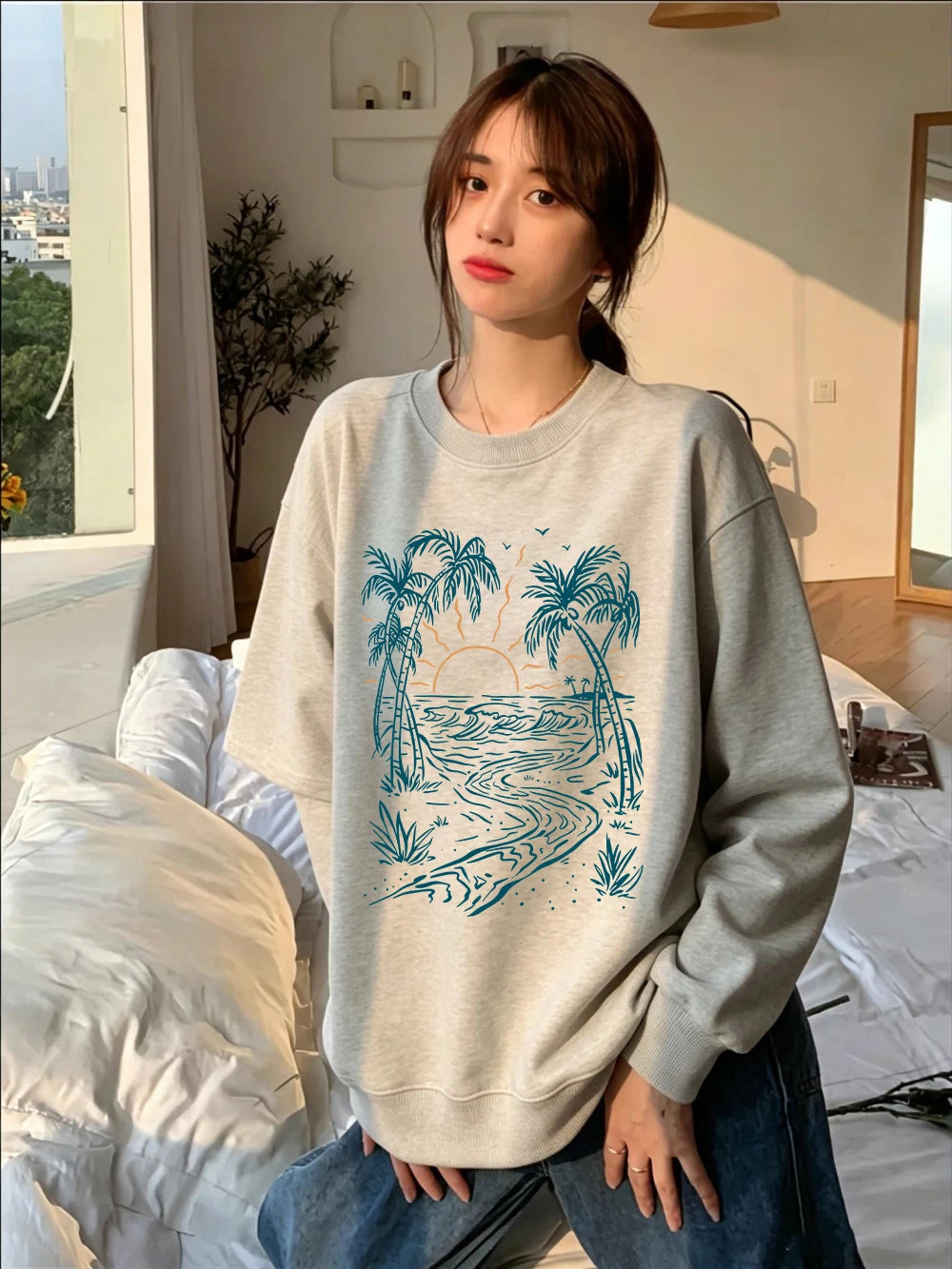 Sweat-shirts imprimés cocotiers et plage pour femmes