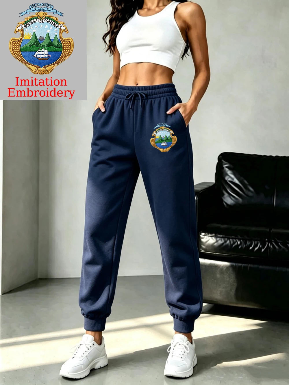 Pantalon de jogging basique en polaire à taille élastique imprimé emblème du Costa Rica pour femmes