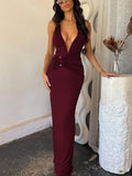 Robe longue sexy à col halter et décolleté en V profond pour femmes
