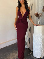 Robe longue sexy à col halter et décolleté en V profond pour femmes