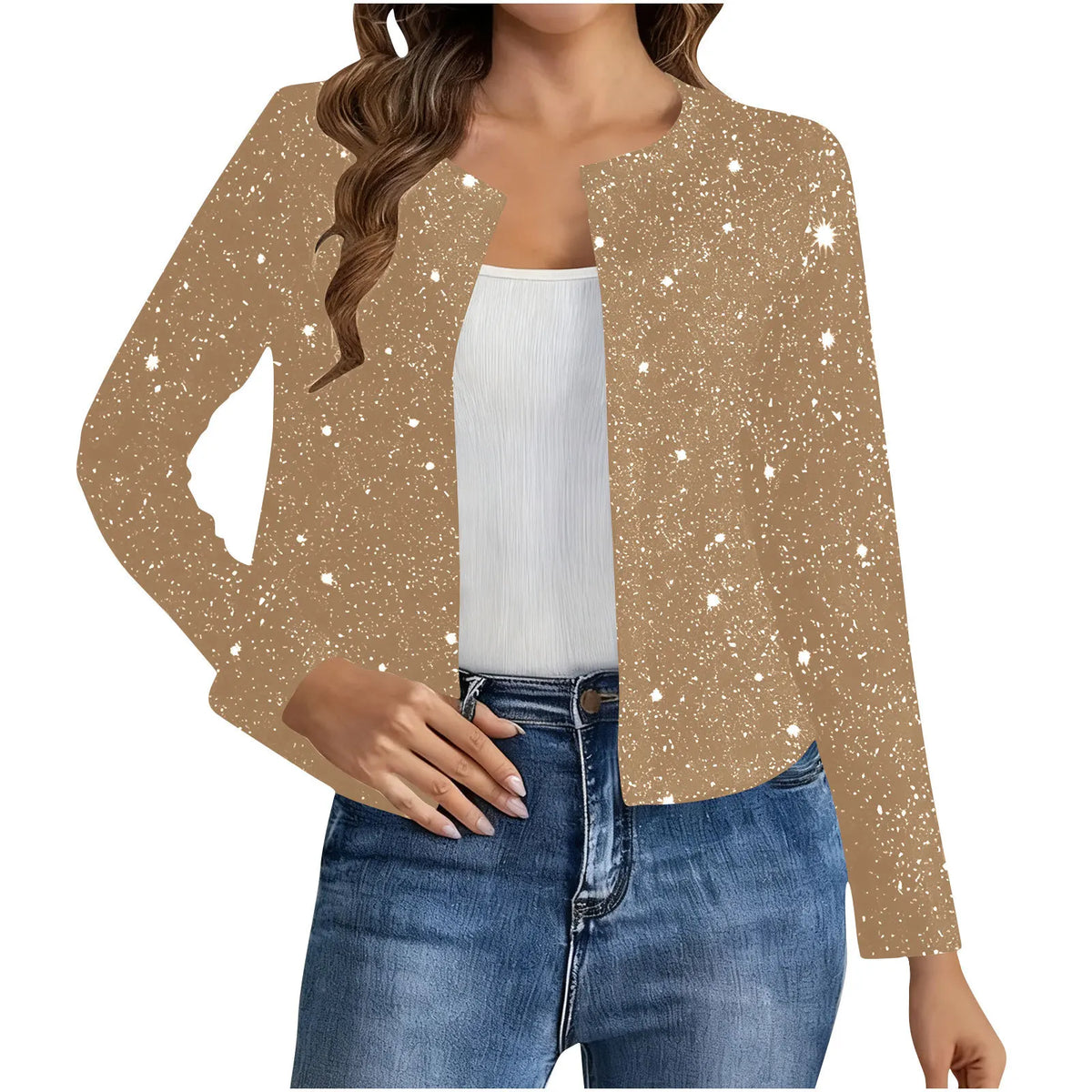 Cardigan Court Scintillant Femme – Col Rond et Manches Longues
