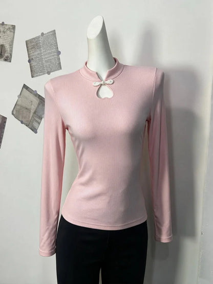 T-shirt Femme Côtelé à Col Mao et Manches Longues