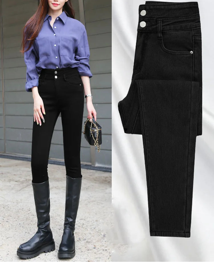Jean slim taille haute à trois lèvent pour femmes