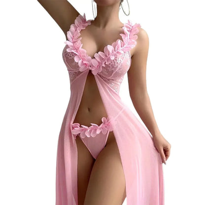 Nuisette Rose Femme – Dentelle Florale et Maille Transparente