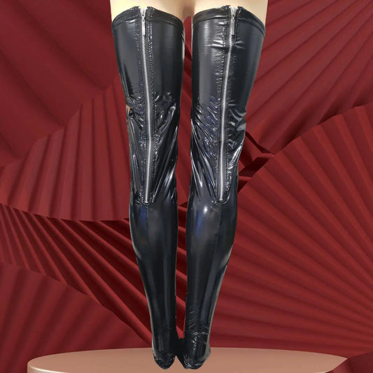 Bas Cuissardes Similicuir Femme – Effet Mouillé et Zip Arrière