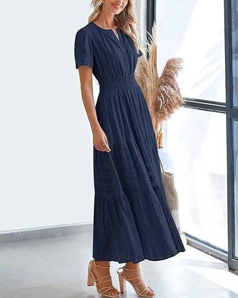 Robe longue plissée élégante style français à col en V pour femmes