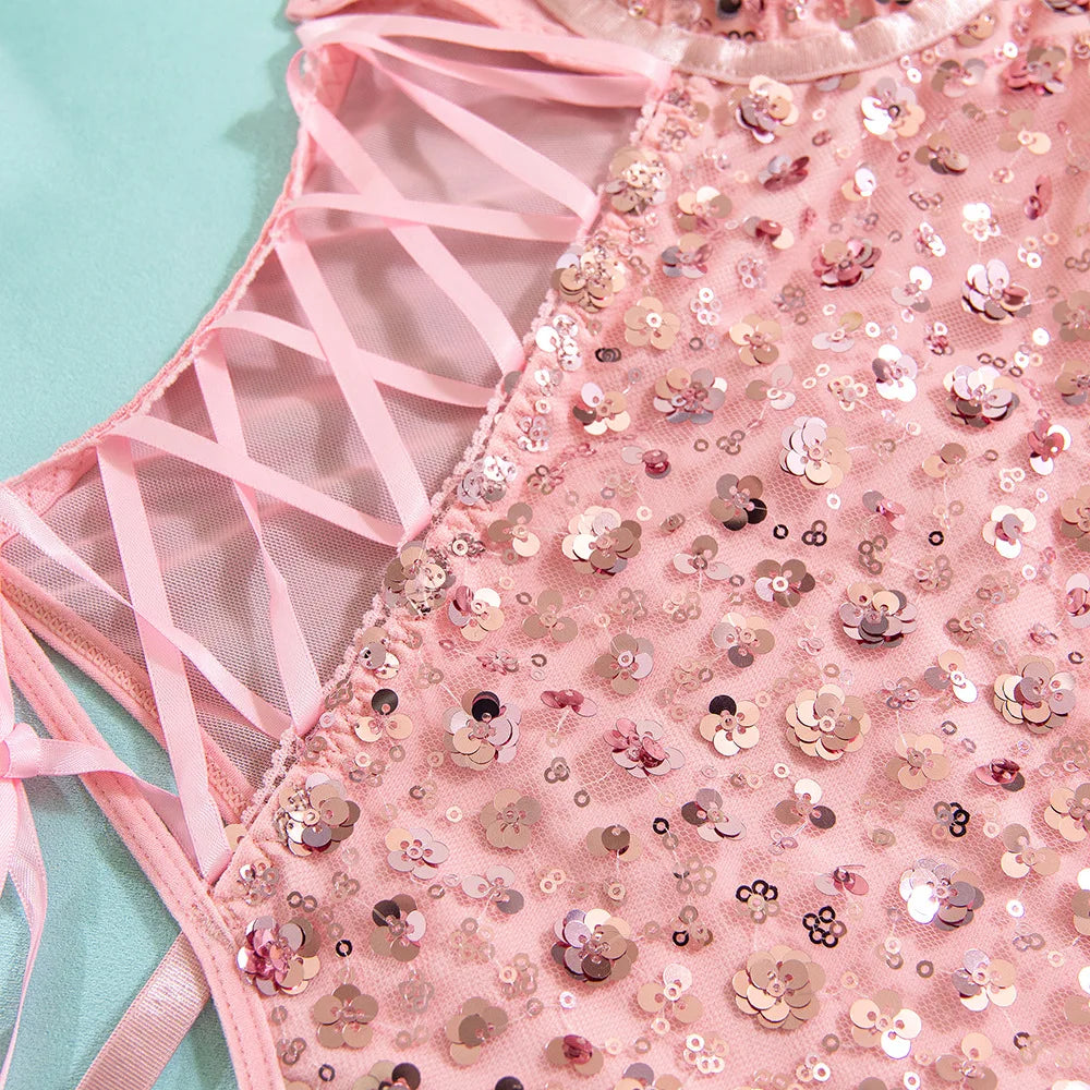 Body rose paillettes moulant pour femmes