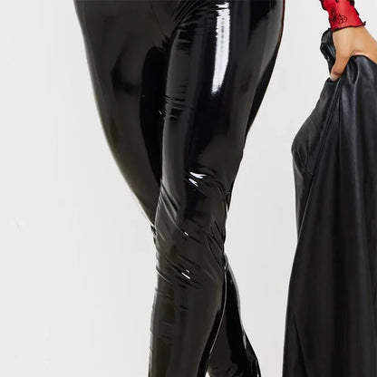 Pantalon Slim en Similicuir Verni à Fentes Latérales