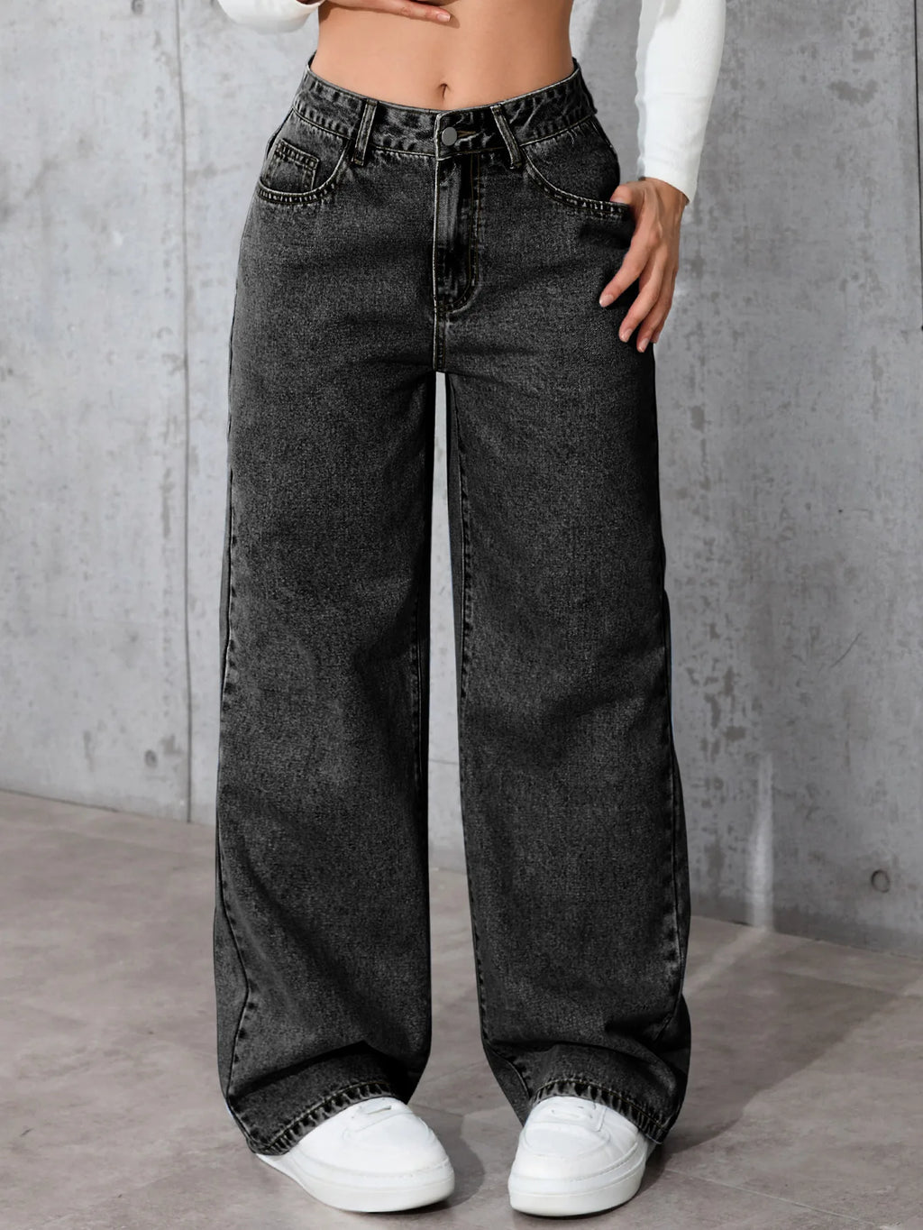 Jean droit taille haute couleur unie pour femmes