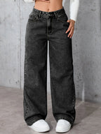 Jean droit taille haute couleur unie pour femmes