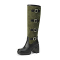 Bottes mi-mollet en PU givré avec boucle de ceinture à cinq rangées et talon ultra-haut pour femmes
