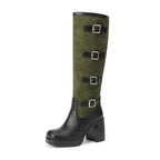 Bottes mi-mollet en PU givré avec boucle de ceinture à cinq rangées et talon ultra-haut pour femmes