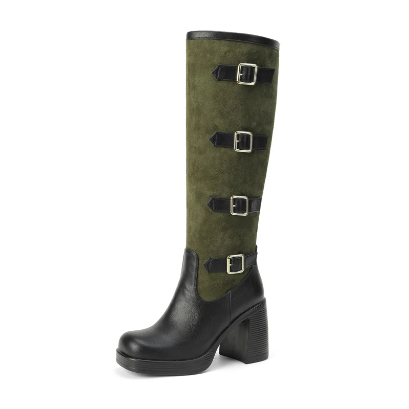 Bottes mi-mollet en PU givré avec boucle de ceinture à cinq rangées et talon ultra-haut pour femmes