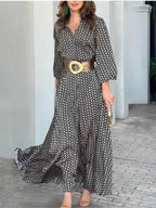 Robe longue noire imprimée à col en V pour femmes