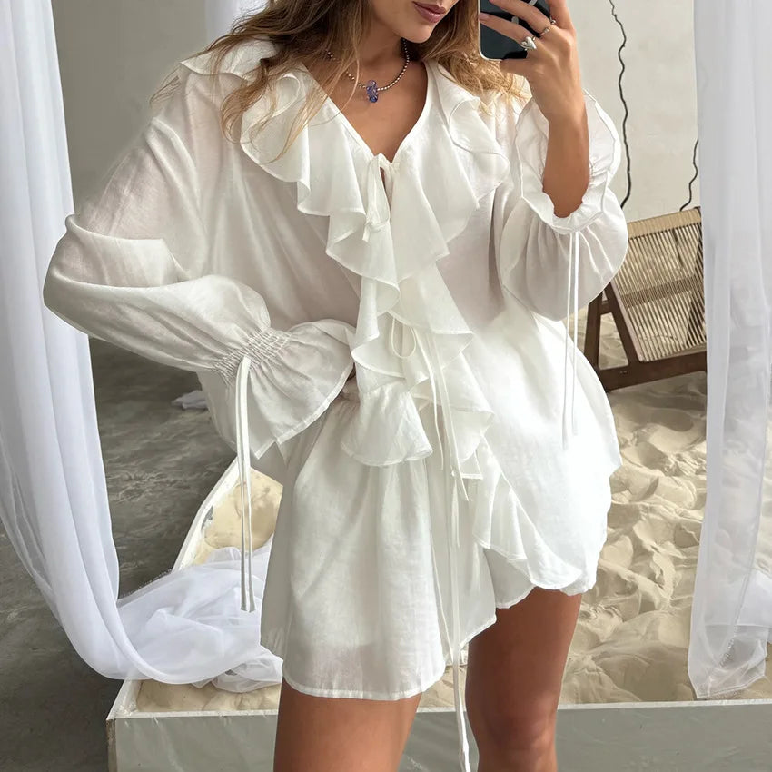 Ensembles deux pièces Cardigan à lacets, petit haut + short pour femmes