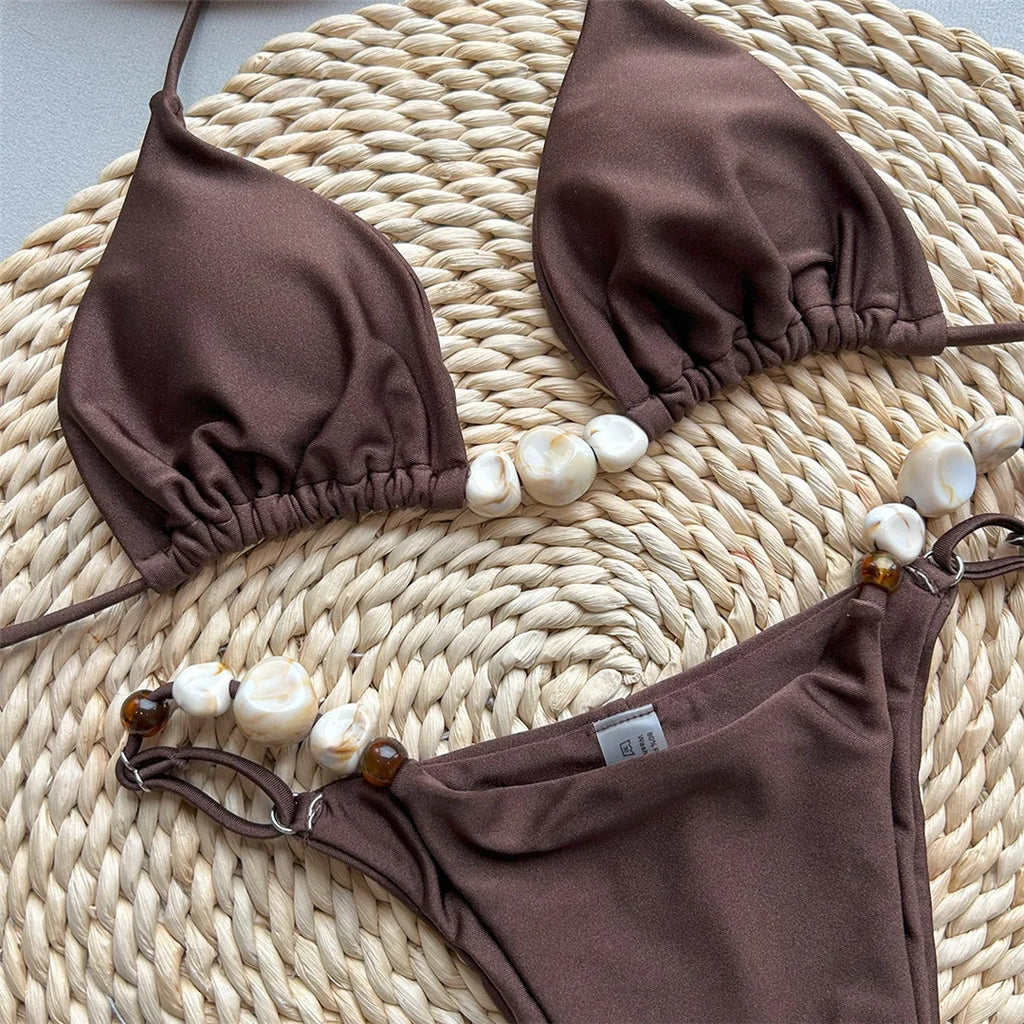Maillot de bain deux pièces sexy et brillant, col licou, coupe haute, pour femmes