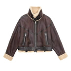 Veste courte en faux cuir d'agneau pour femmes