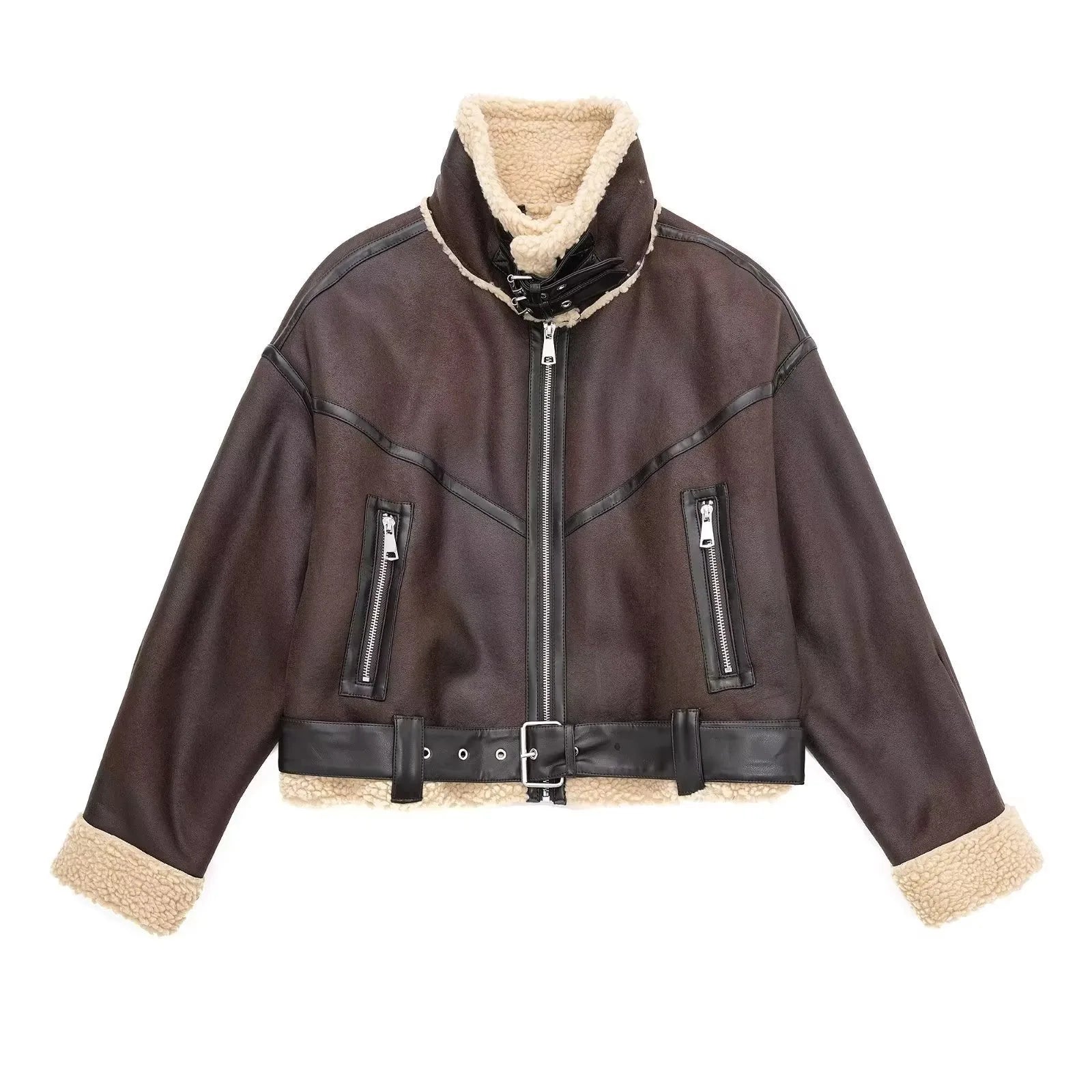 Veste courte en faux cuir d'agneau pour femmes