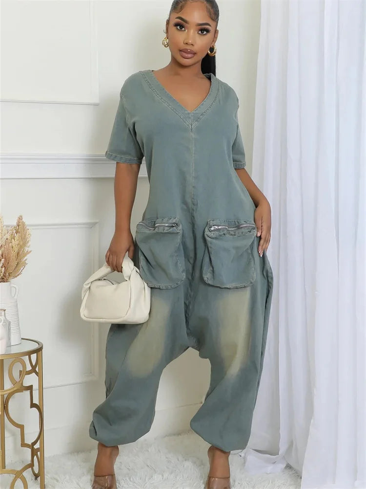 Combinaison en jean délavé vintage pour femmes