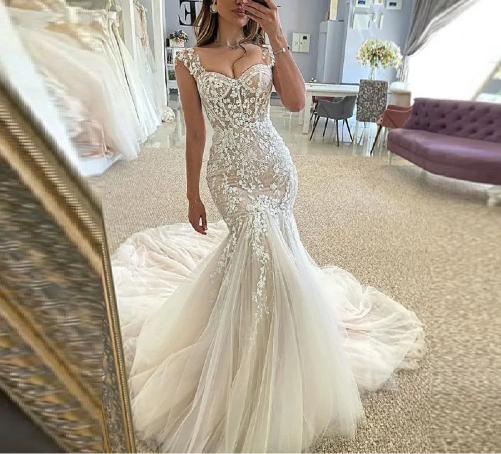 Robes de mariée sirène longues bohèmes en dentelle pour femmes