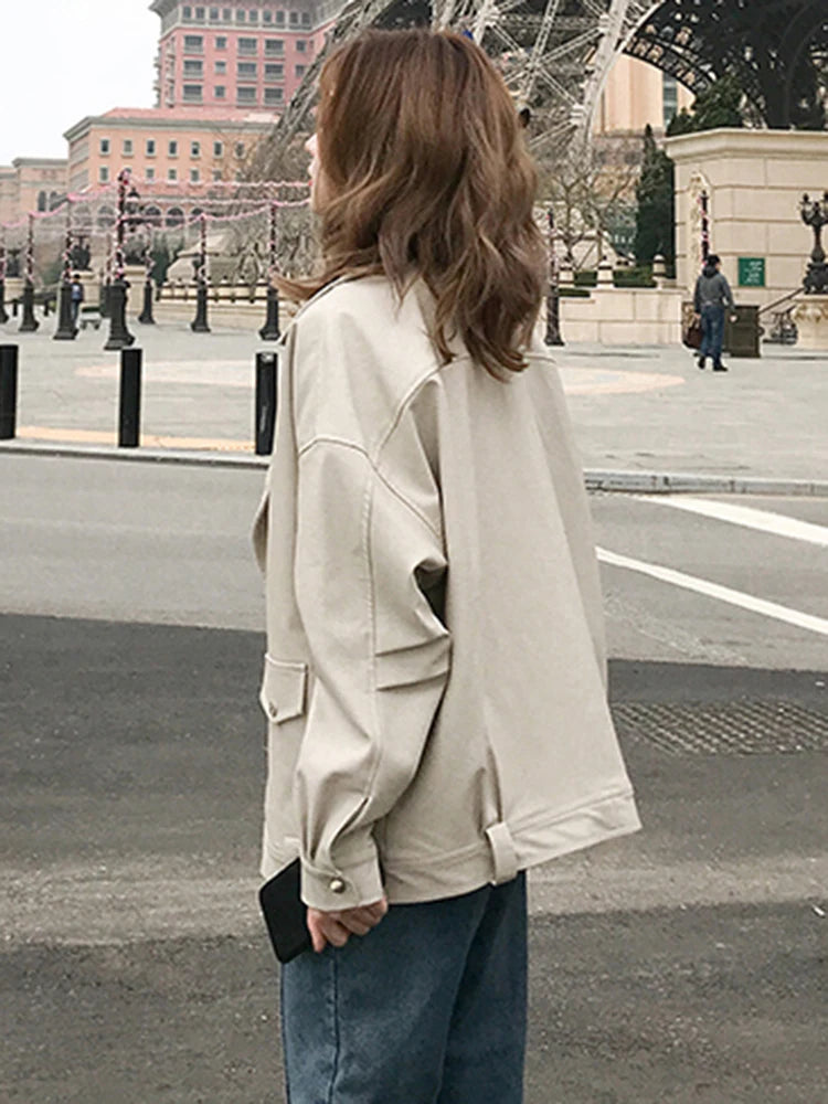 Veste en cuir PU ceinturé à manches longues pour femmes