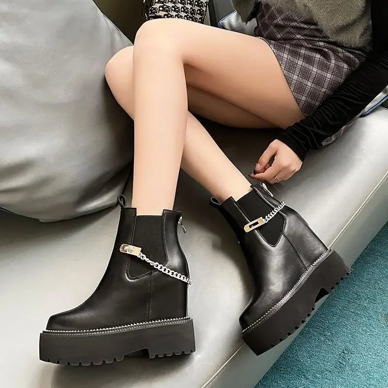 Bottine compensées en cuir véritable pour femmes