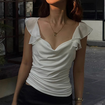 T-shirt Moulant Femme – Col et Manches à Volants