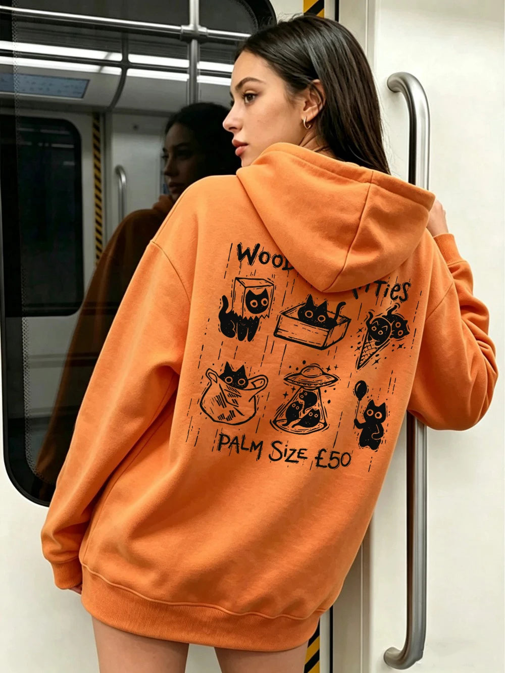 Sweat-shirts à capuche imprimés Woodcut Boxes Pocket Kitties pour femmes