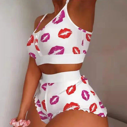 Pyjama Fraises Femme – Haut Court en Dentelle et Short