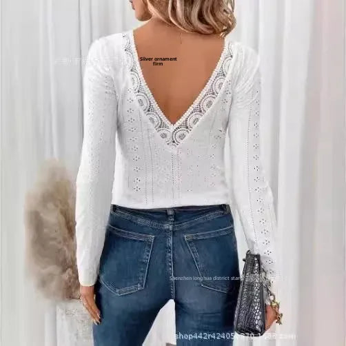 T-shirt à manches longues et col rond en dentelle dos nu pour femmes