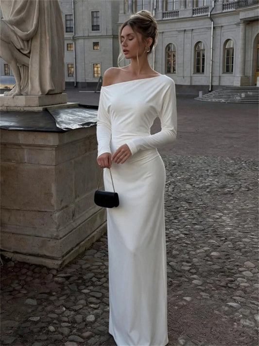 Robe longue femme blanche ajustée à épaule dénudée