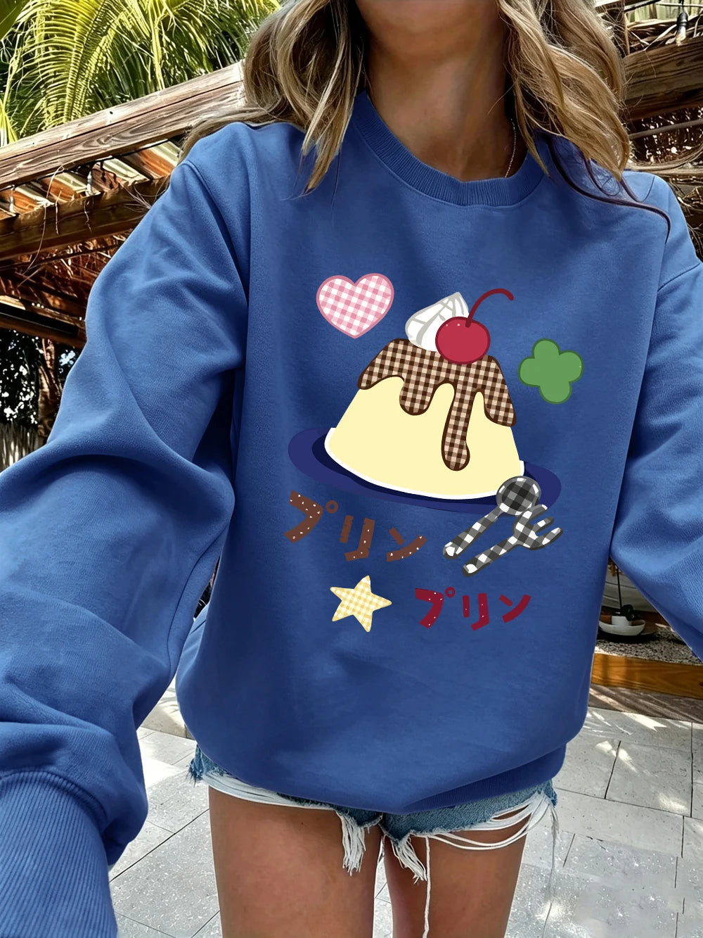 Sweat-shirts à imprimés japonais Caramel Pudding pour femmes