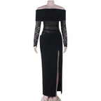 Robe longue moulante en maille transparente et froncée pour femmes