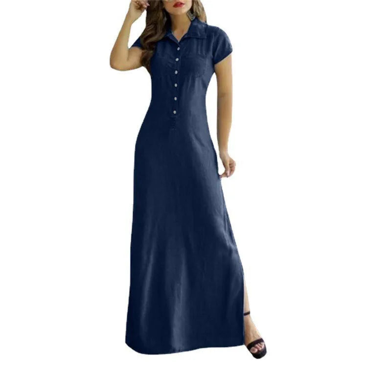 Robe longue en jean décontractée à col de chemise pour femmes