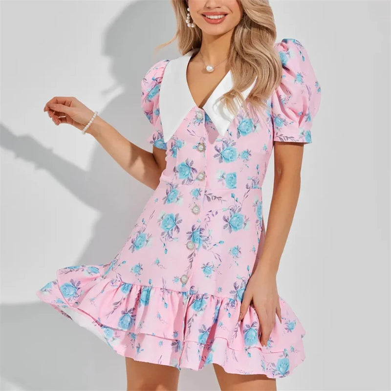 Robe d'été imprimée à manches bouffantes et à volants pour femmes