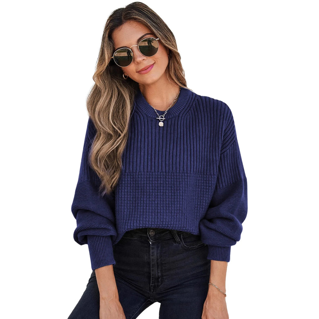 Pull en tricot décontracté à manches longues et col rond pour femmes
