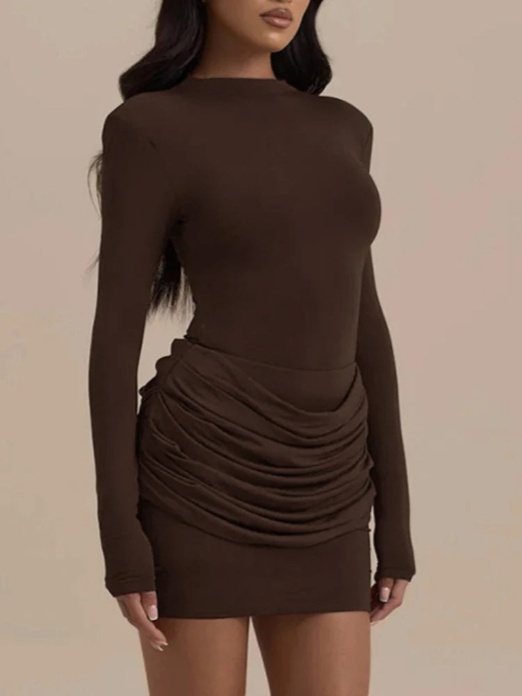 Robe moulante sexy à col semi-montant et manches longues pour femmes