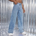 Pantalon droit en jean à perles pour femmes
